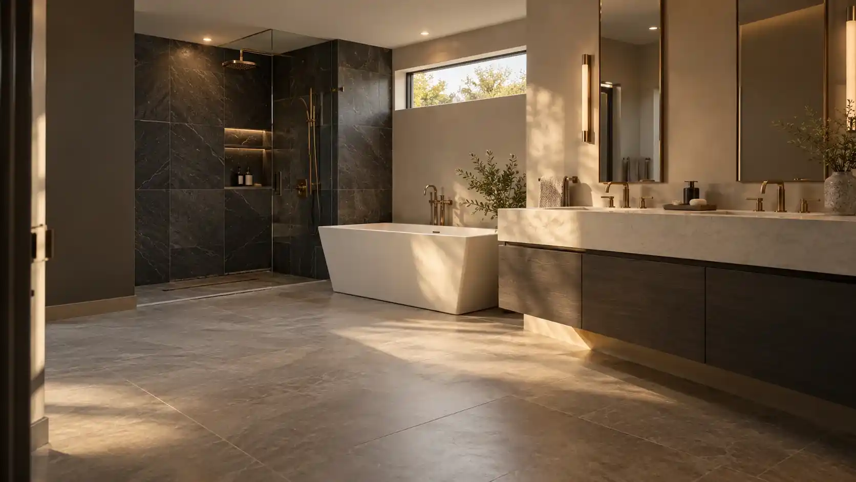 Dark stone bathroom with a white soaking tub, a long double vanity and bronze fixtures