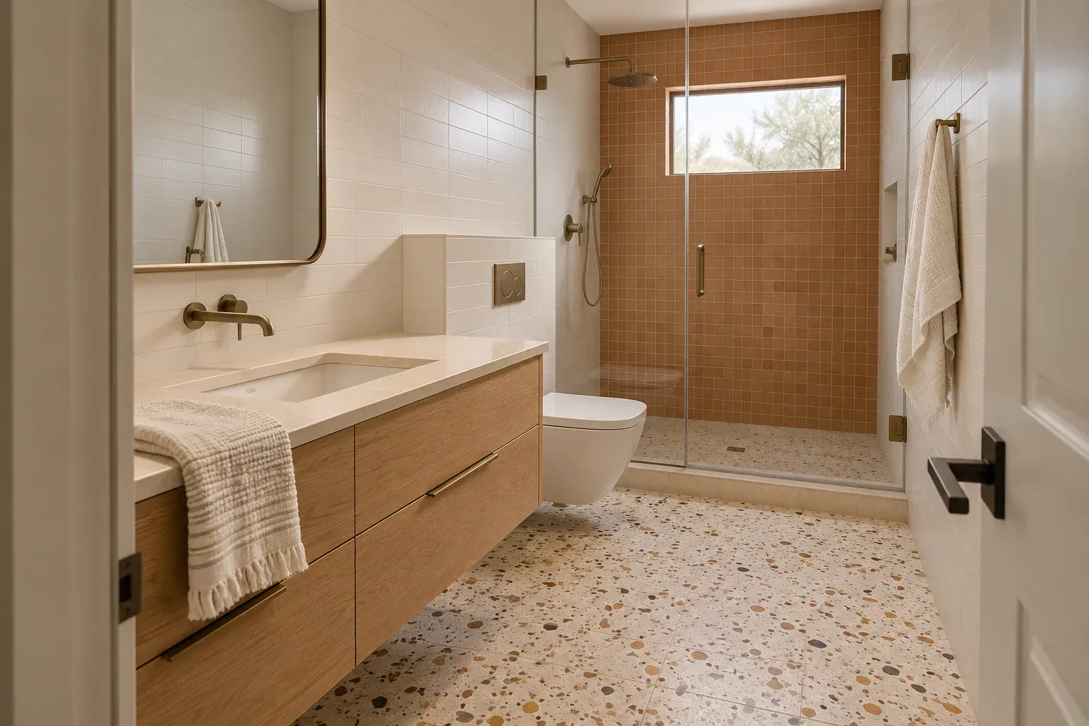 Compact bathroom with a terrazzo floor, an oak vanity and a terracotta tiled shower wall