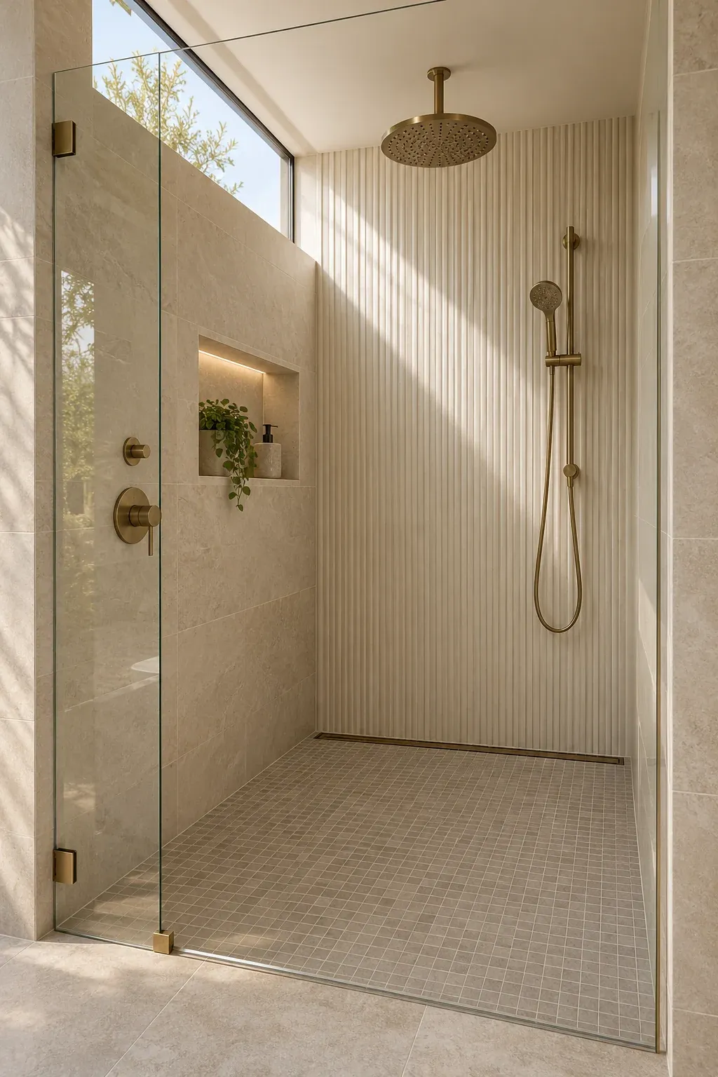 Walk-in shower with fluted ivory tile, brass fixtures and a recessed niche