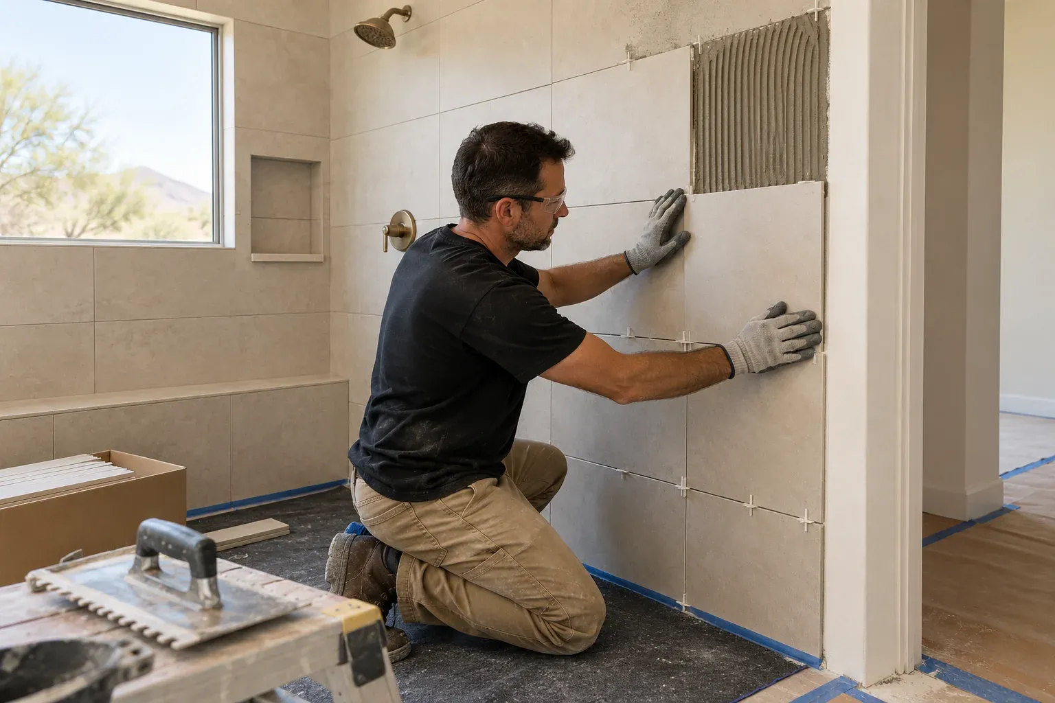 Tile installer setting an ivory tile on a shower wall
